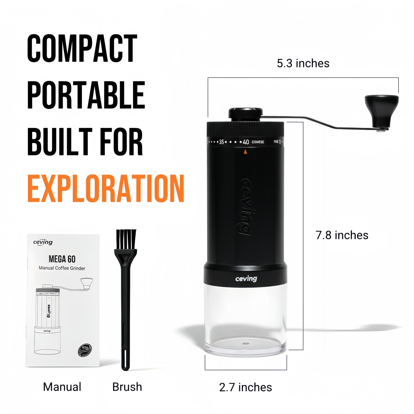 Ceving Manual Coffee Grinder, 60g Capacity, 40 External Settings, High-Precision Stainless Steel Burrs, ABS Body