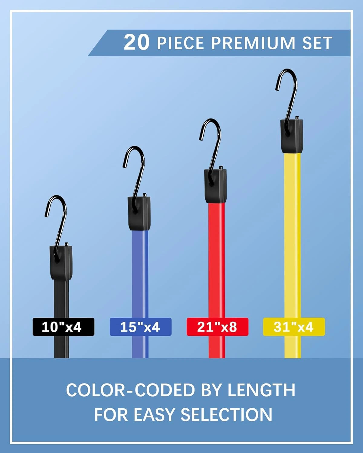 LuckyStraps 20-Pack Rubber Bungee Cords, Assorted Sizes with Upgraded Hooks