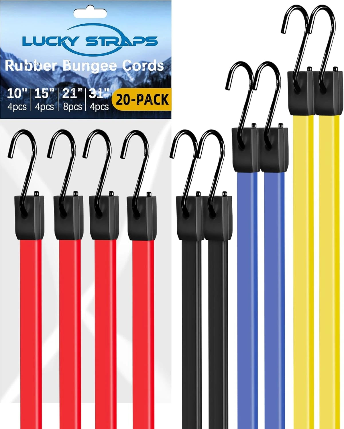 LuckyStraps 20-Pack Rubber Bungee Cords, Assorted Sizes with Upgraded Hooks