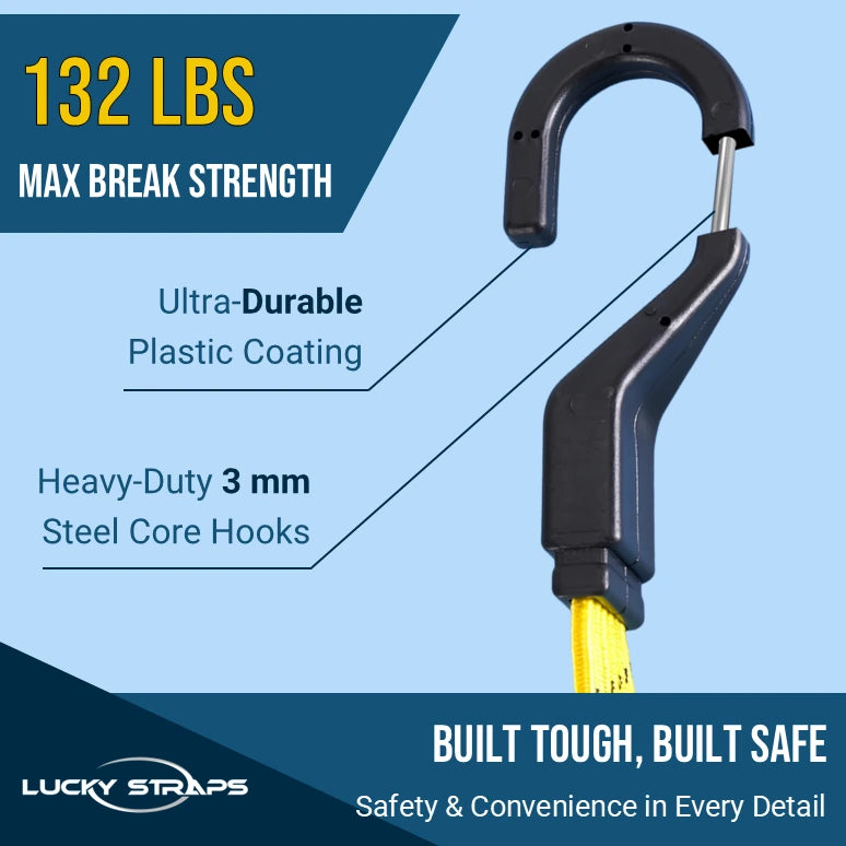 Lucky Straps 3-Pack 80" Adjustable Bungee Cords with Hooks, Heavy Duty, UV-Resistant Elastic Straps for Truck, Camping, Motorcycles, Bikes & Cargo Securing