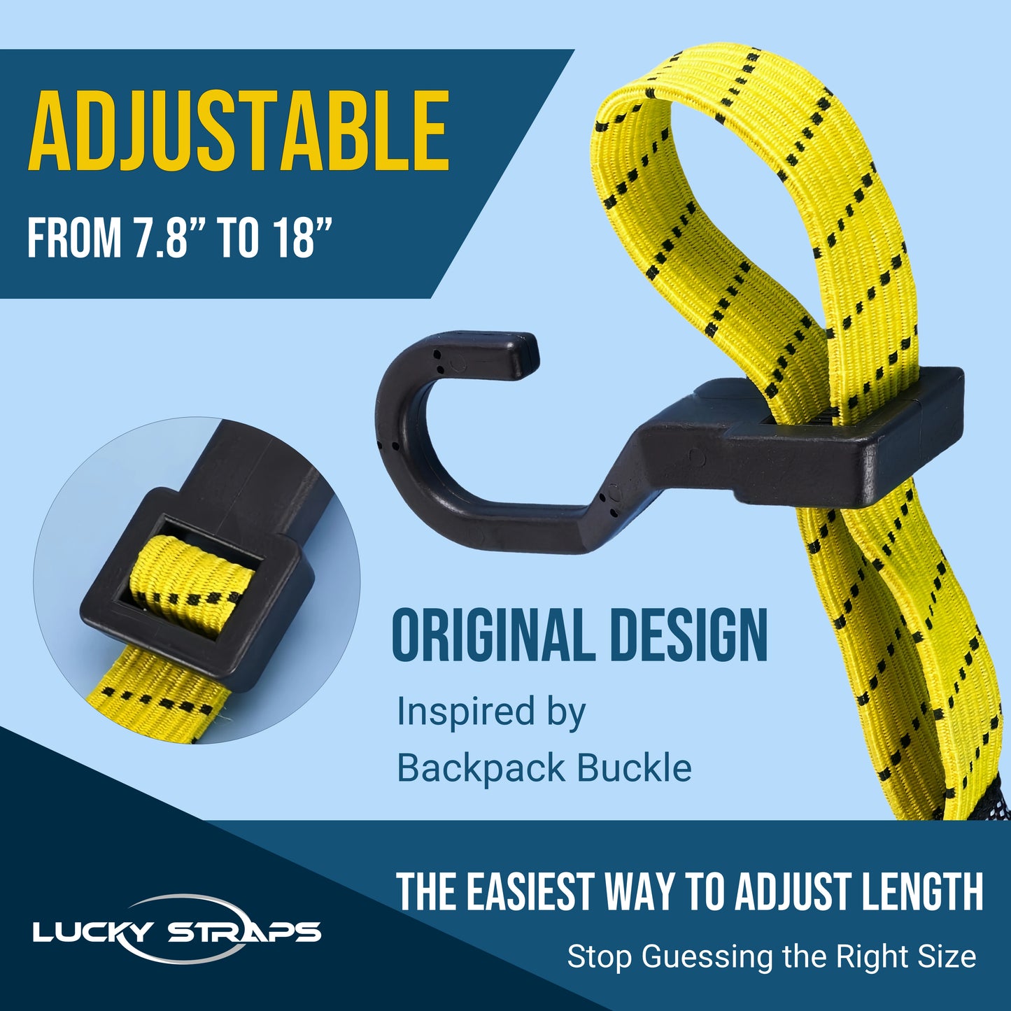 Lucky Straps 6-Pack 18" Adjustable Bungee Cords with Hooks, Heavy Duty, UV-Resistant Elastic Straps for Truck, Camping, Motorcycles, Bikes & Cargo Securing