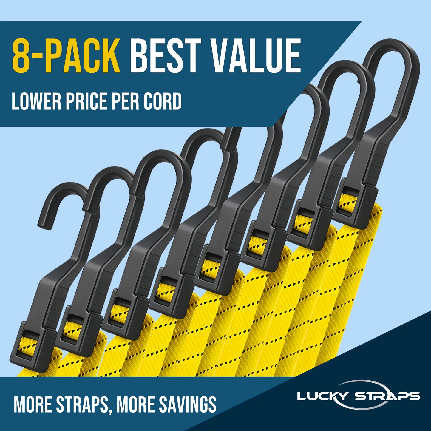 Lucky Straps 8-Pack 48" Adjustable Bungee Cords with Hooks, Heavy Duty, UV-Resistant Elastic Straps for Truck, Camping, Motorcycles, Bikes & Cargo Securing