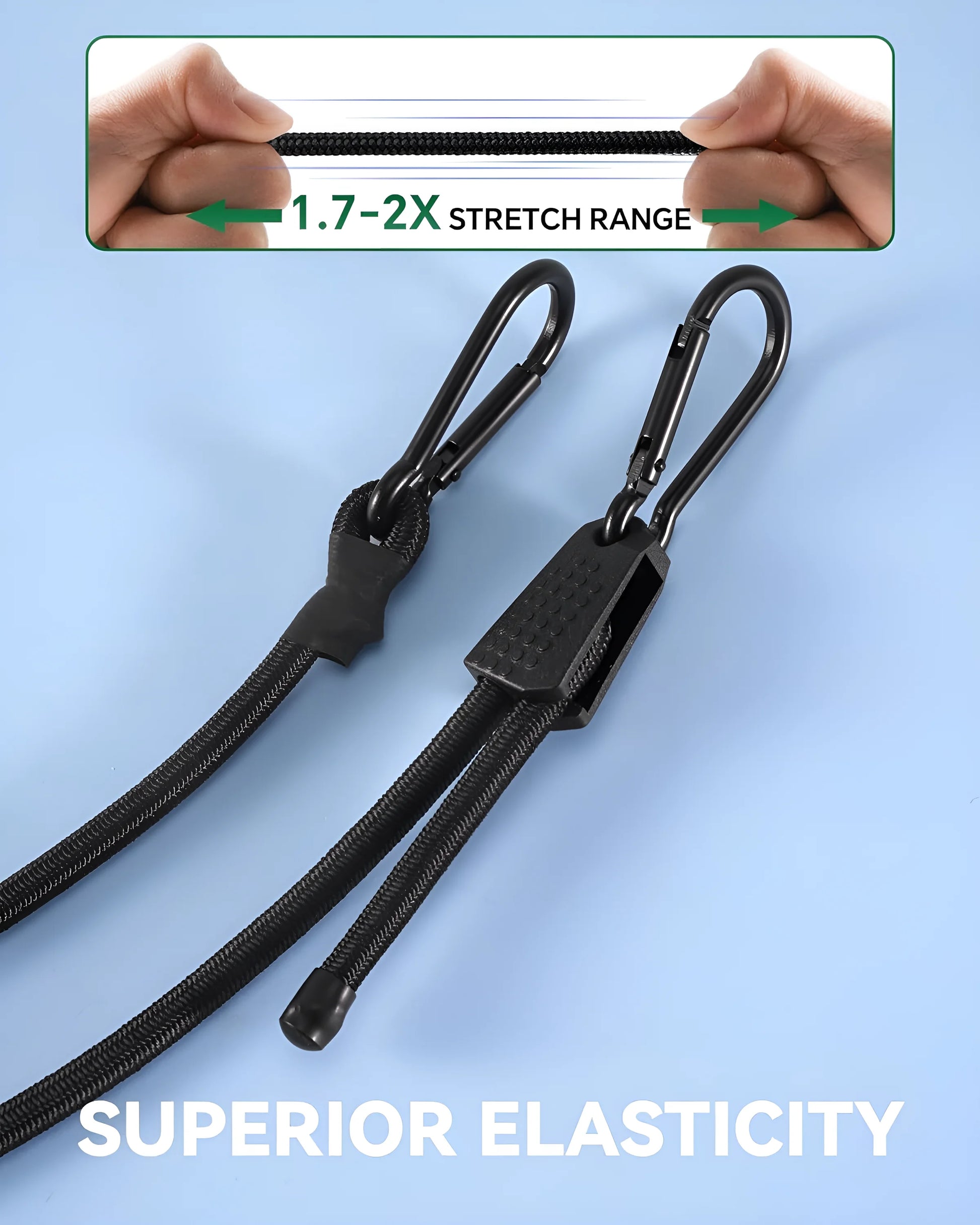 LuckyStraps Adjustable Carabiner Bungee Cords with Hooks (8 Pieces) – the ultimate cargo solution with supercharged stretch, UV-resistant polyester, and rust-free carabiners. Perfect for securing bikes, luggage, camping gear, and more. Available in 7 sizes, with a 24-month warranty. Durable, reliable, and ready for any adventure!
